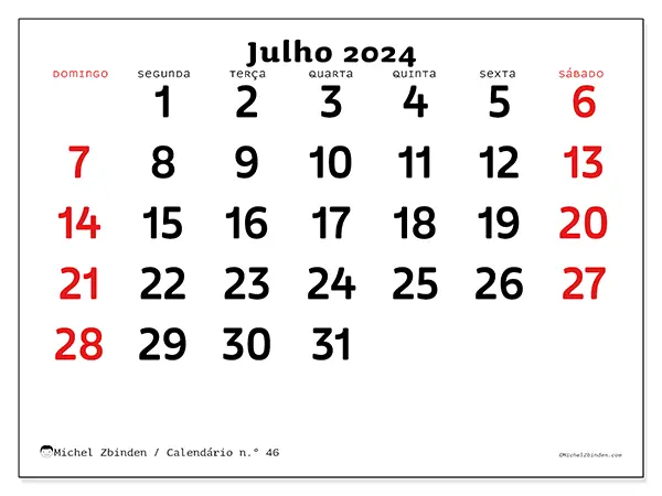 Calendário para imprimir n° 46, julho de 2024