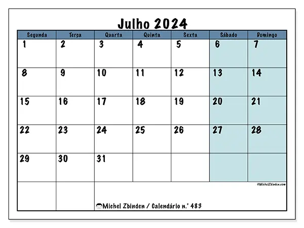 Calendário para imprimir n° 483, julho de 2024