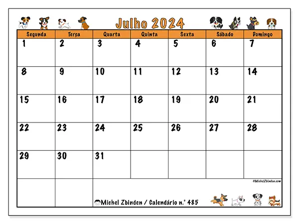 Calendário n.° 485 para julho de 2024, que pode ser impresso gratuitamente. Semana:  Segunda-feira a domingo.