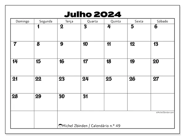 Calendário para imprimir n° 49, julho de 2024
