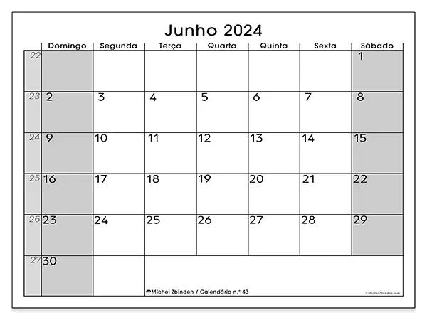 Calendário para imprimir n° 43, junho de 2024
