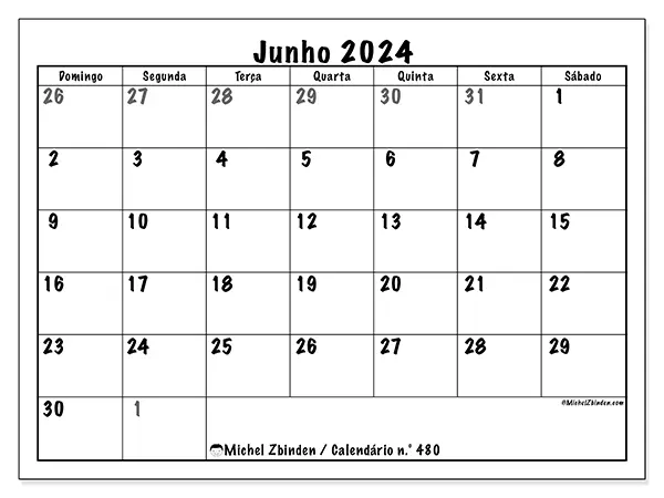 Calendário para imprimir n° 480, junho de 2024