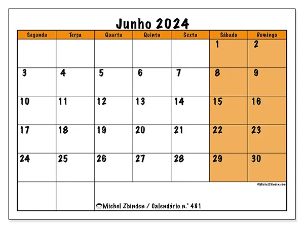 Calendário para imprimir n° 481, junho de 2024