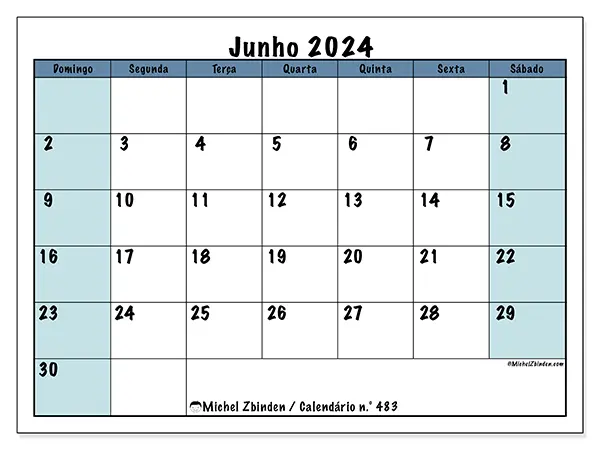 Calendário n.° 483 para junho de 2024, que pode ser impresso gratuitamente. Semana:  De domingo a sábado.