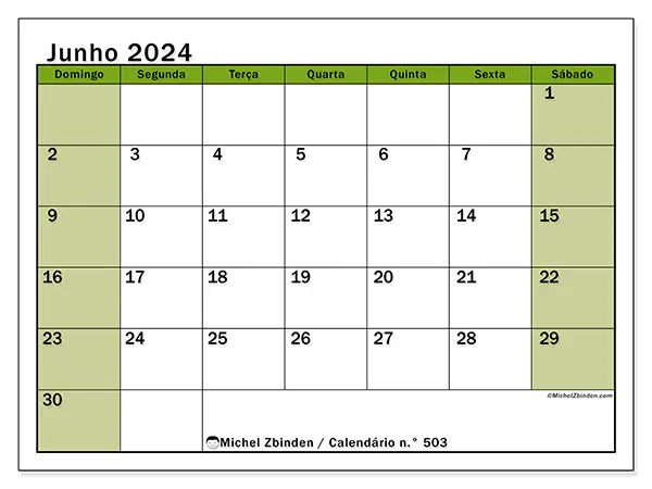Calendário n.° 503 para junho de 2024, que pode ser impresso gratuitamente. Semana:  De domingo a sábado.