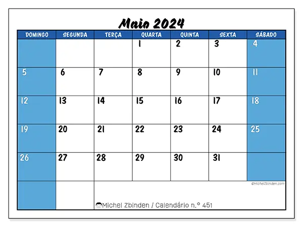 Calendário para imprimir n° 451, maio de 2024