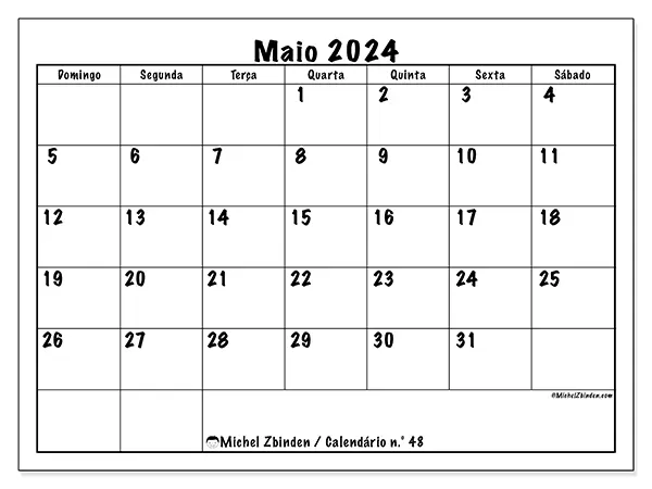Calendário para imprimir n° 48, maio de 2024