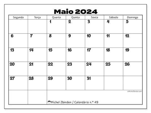 Calendário para imprimir n° 49, maio de 2024