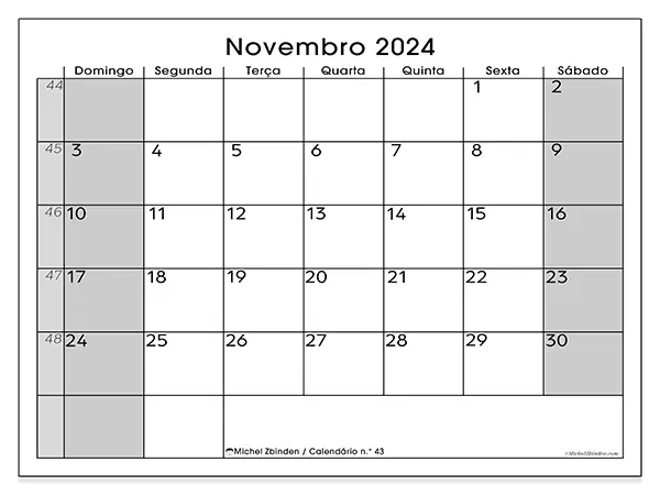 Calendário para imprimir n° 43, novembro de 2024