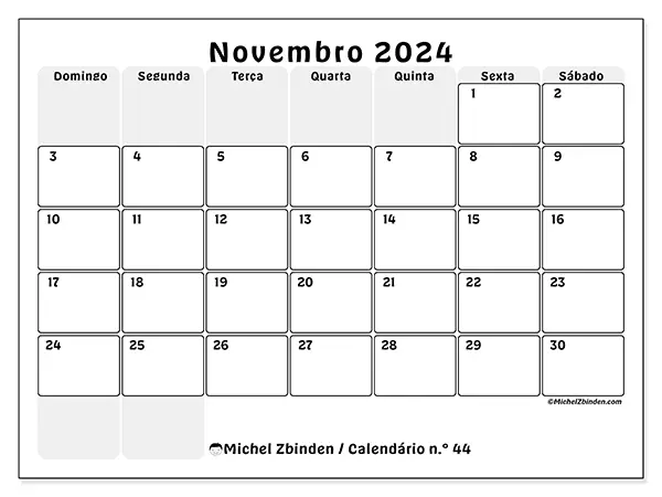 Calendário para imprimir n° 44, novembro de 2024