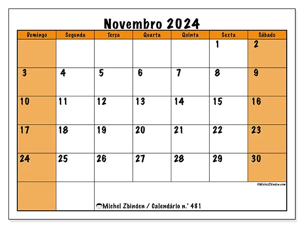 Calendário para imprimir n° 481, novembro de 2024