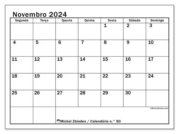 Calendário para imprimir n° 50, novembro de 2024