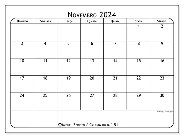 Calendário n.° 51 para novembro de 2024, que pode ser impresso gratuitamente. Semana:  De domingo a sábado.