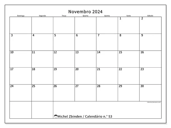 Calendário para imprimir n° 53, novembro de 2024