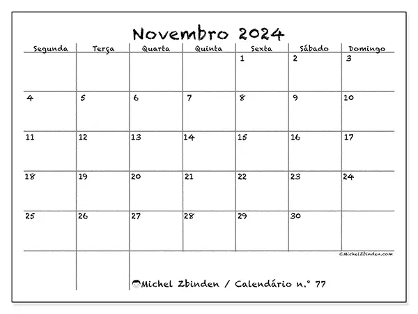Calendário para imprimir n° 77, novembro de 2024