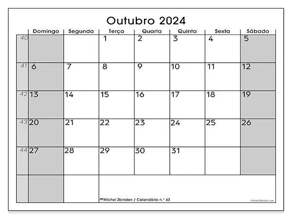 Calendário para imprimir n° 43, outubro de 2024