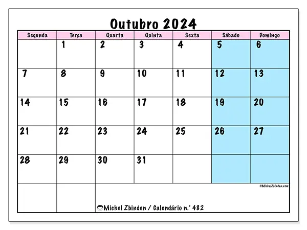 Calendário n.° 482 gratuito para imprimir, outubro 2025. Semana:  Segunda-feira a domingo