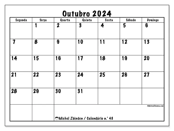 Calendário n.° 48 para outubro de 2024, que pode ser impresso gratuitamente. Semana:  Segunda-feira a domingo.