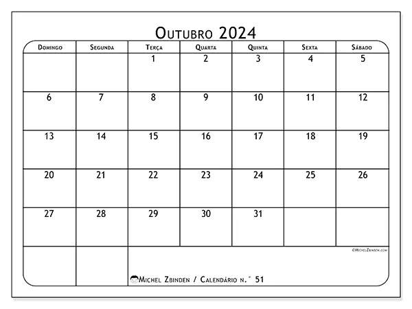 Calendário para imprimir n° 51, outubro de 2024