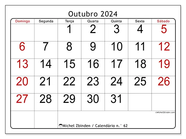 Calendário para imprimir n° 62, outubro de 2024