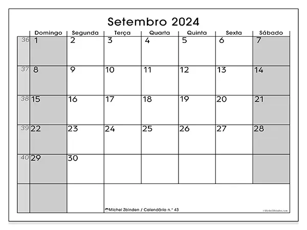 Calendário para imprimir n° 43, setembro de 2024