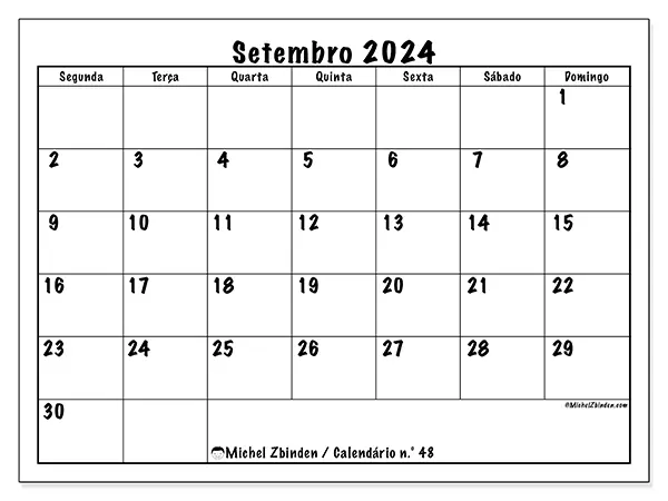 Calendário n.° 48 para setembro de 2024, que pode ser impresso gratuitamente. Semana:  Segunda-feira a domingo.