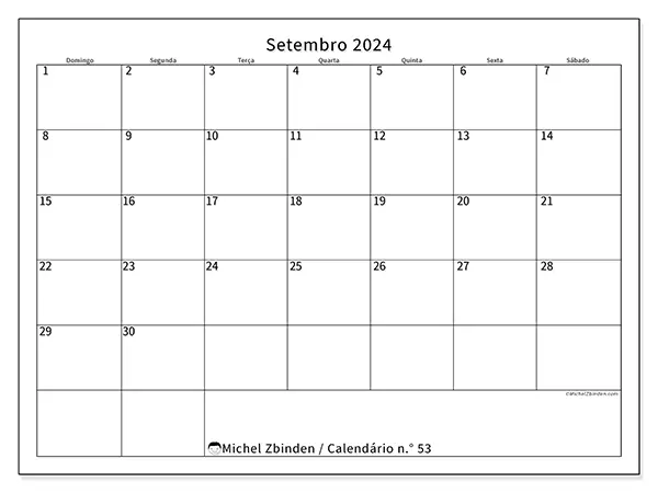 Calendário n.° 53 gratuito para imprimir, setembro 2025. Semana:  De domingo a sábado