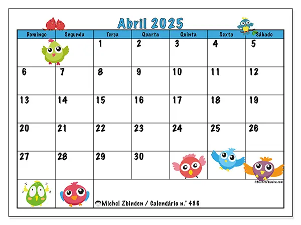 Calendário para imprimir n° 486, abril de 2025