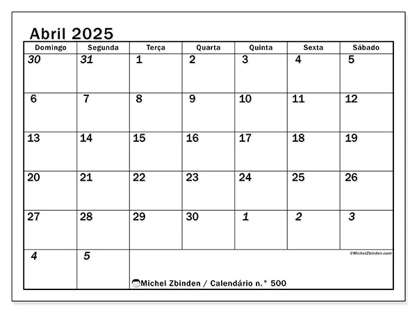 Calendário para imprimir n° 500, abril de 2025