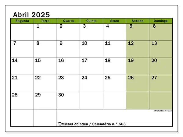 Calendário para imprimir n° 503, abril de 2025