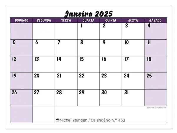Calendário para imprimir n° 453, janeiro de 2025