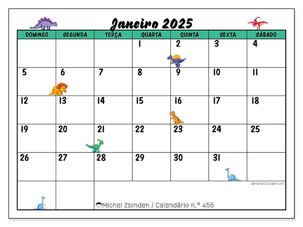Calendário para imprimir n° 455, janeiro de 2025