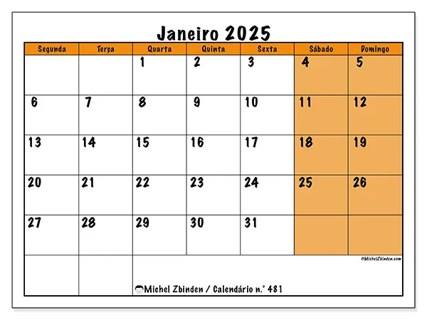 Calendário para imprimir n° 481, janeiro de 2025