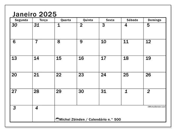 Calendário para imprimir n° 500, janeiro de 2025