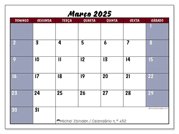 Calendário para imprimir n° 452, março de 2025