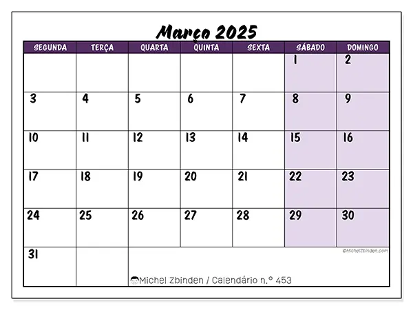 Calendário para imprimir n° 453, março de 2025