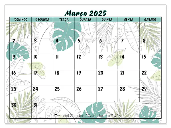 Calendário para imprimir n° 456, março de 2025
