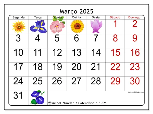 Calendário para imprimir n° 621, março de 2025