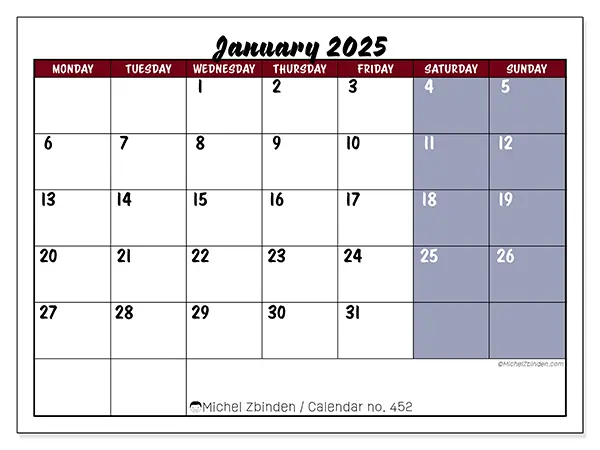 Calendar January 2025 452MS
