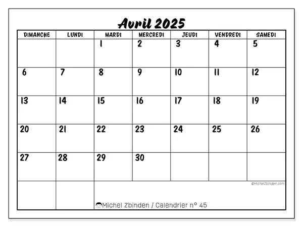 Calendrier avril 2025 45DS