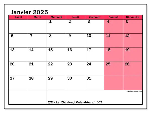 Calendrier janvier 2025 502LD