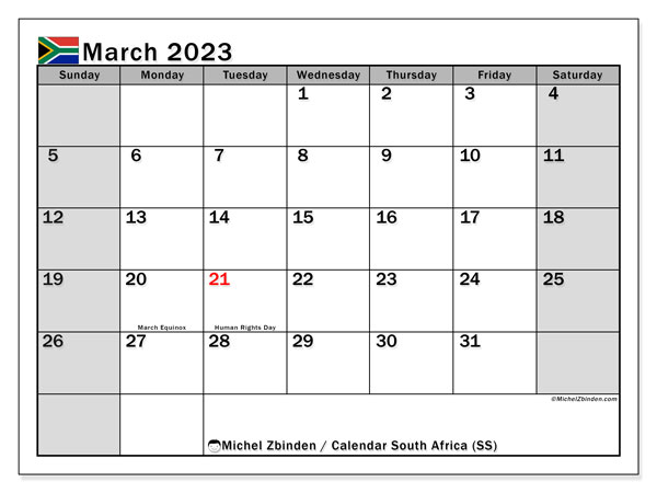 March Calendar South Africa