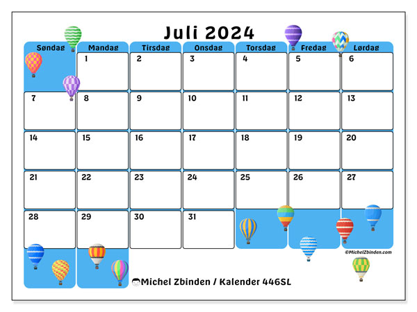 Kalender juli 2024, 446SL, klar til udskrivning og gratis.