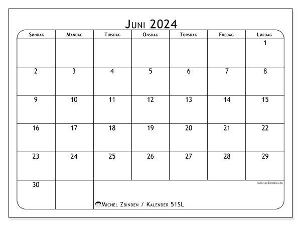 Kalender juni 2024, 51SL, klar til udskrivning og gratis.