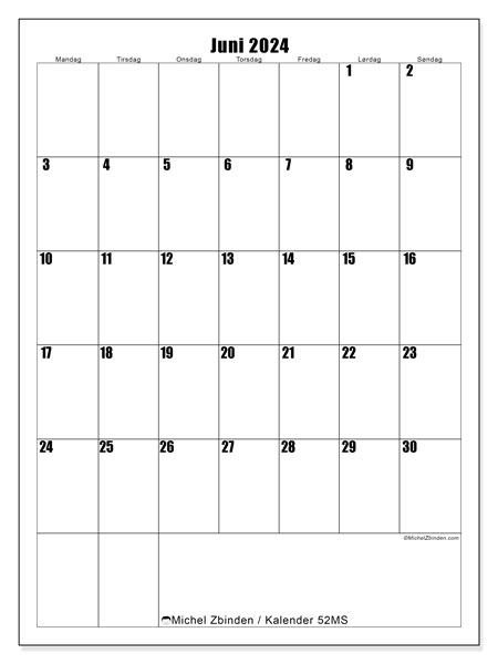 Kalender juni 2024, 52MS, klar til udskrivning og gratis.