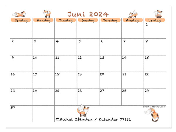 Kalender juni 2024, 771SL, klar til udskrivning og gratis.