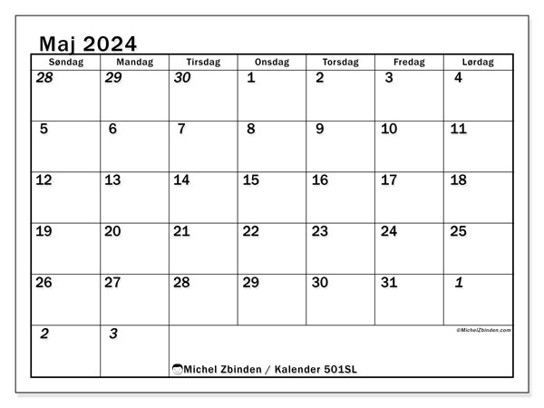 Kalender maj2024, 501SL, klar til udskrivning og gratis.