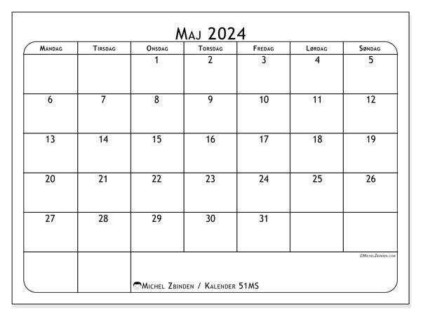 Kalender maj2024, 51MS, klar til udskrivning og gratis.