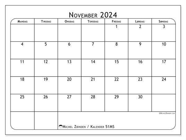 Kalender november 2024 “51”. Gratis program til print.. Mandag til søndag