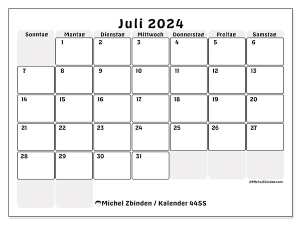 Kalender Juli 2024, 44SS, druckfertig und kostenlos.